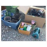 Large quantity of garden pots, stakes, plastic pots