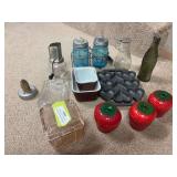 Vintage kitchen items - Pyrex refrigerator dishes, antique dispenser bottles, Coca Cola bottle, strawberry dishes, cast iron heart cornbread pan