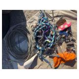 Assortment of ropes, halters, lead ropes, and grooming items plus set of spurs