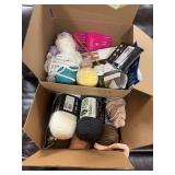 Two boxes of yarn plus knitting and crocheting needles
