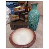 Assortment of four decorative storage boxes plus large bowl and ceramic decorative vase that has been repaired