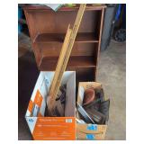 Shelf, yard sticks, garage items