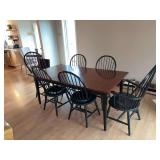 Nichols & Stone 38x56 dining table with 6 spindle back chairs (2 captains), table pads and (2) 15” leaves