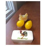 Egg S&P shakers, hen on nest S&P set, top of a butter dish