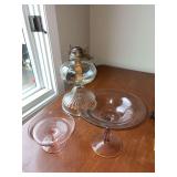 Oil lamp base and 2 pieces pink depression glass