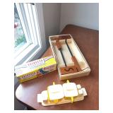 Funky S&P shakers w original box, Velveeta cheese paper box and cream & sugar, S&P set