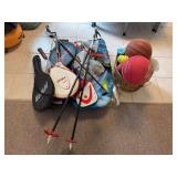 Bucket of balls, float board, golf net, tennis rackets, etc