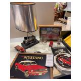 Car collectibles includes Mustang picture, Corvette plate, glasses, clock, etc