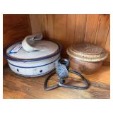 Stoneware butter crock, and casserole dish with lid plus iron candle holder