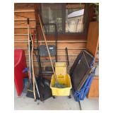 Mop bucket, shovels, and yard tools, stepstool plus lawn chair