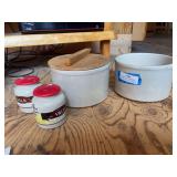 2 1/2 gallon Roseville crocks +2 small mustard crocks