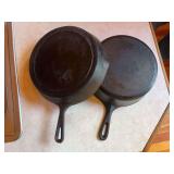 Number eight marked cast-iron skillet and 10 1/2 inch chicken fryer cast-iron