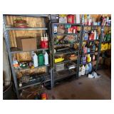 Four light duty shelving units and all contents (not including string line) includes lots of shop and cleaning fluids and liquids