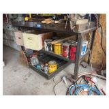 Heavy duty steel workbench on casters and wooden toolbox contents stains, paints