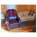 Living room furniture ensemble includes vintage sofa and matching loveseat plus red recliner that has some wear on the arms