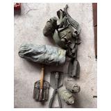 Army canteen and shovels, blanket