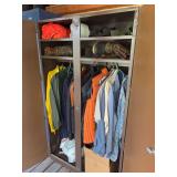 Wood look metal cabinet full of men’s hunting clothes mostly size XL