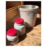 1 gallon crock and two small mustard crocks