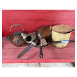 Cast-iron kettle, tin skillets, two bells