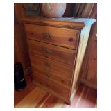 Five drawer wooden chest of drawers, single bed and oak entertainment center