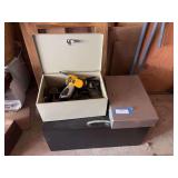 Two lock boxes and a file box one lock box full of walkie-talkies