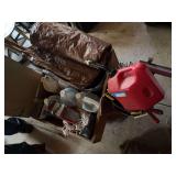 Rolling wooden box with some cleaning solution, mop bucket, gas can and various yard garden tools, plus 2 tarps