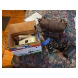 Small portable photo printer, and vintage camera with lens and carrying case