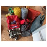 Kelty frame pack, duffels, sleeping bags, sleeping mats, ski boots