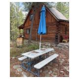 Heavy duty metal frame picnic table with umbrella bolted to