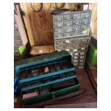 Three assortment bins and a tackle box full of screws
