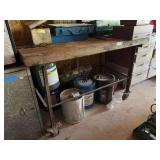 Heavy duty, steel leg workbench with butcher block top on casters