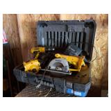 18 V DeWalt cordless tool set includes circular saw, reciprocating saw, drill, light, two batteries and a charger unknown condition of batteries also includes a fancy carrying case ! ￼