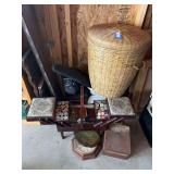 Garage household group includes large basket, antique sewing box