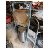 Fold out sign frame, stainless steel trashcan, and two step stepstool