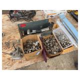 Large assortment of cabinet hinges, some drawer slides, ram sets