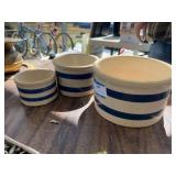 Three nesting double blue banded crocks