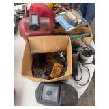 large assortment of miscellaneous tools includes roller measurer, 3 inch cut off, propane torch, welding helmets, electrical testers, mini air compressor