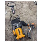 Worx battery powered push mower with bagger (new battery one year ago) and electric Worx blower
