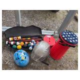 Croquet set, two fold up stools and two helmets
