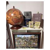 Hinged top globe for barware and assorted wine and bar accessories, plus Pubs of Notre Dame print