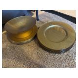 Qty of 13" chargers, sparkly gold in front are glass and bowl matches them