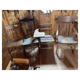 Arrow back oak arm chair, school desk, 2 straight chairs