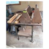 Small work bench with wood tops and steel legs, two wooden tool boxes