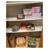 Sewing notions, picture boxes, buttons, double handle pie basket, etc