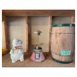 Nail keg, Northwestern gum ball machine incomplete, USA Elephant cookie jar (has chip in ear)