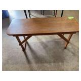 Folding leg table, pair steel chairs, bench and rolling dining chair