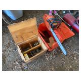 Husqvarna 51 air injection chainsaw with wooden box full of accessories and plastic storage/transport box
