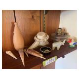 Elk antler chunk, marble elephant, shells, elk ivories, lamp