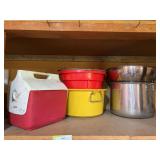 Cooler, large bucket, stainless pot and bowl