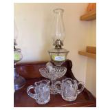 Crystal candy dish, and matching cream and sugar plus antique oil lamp